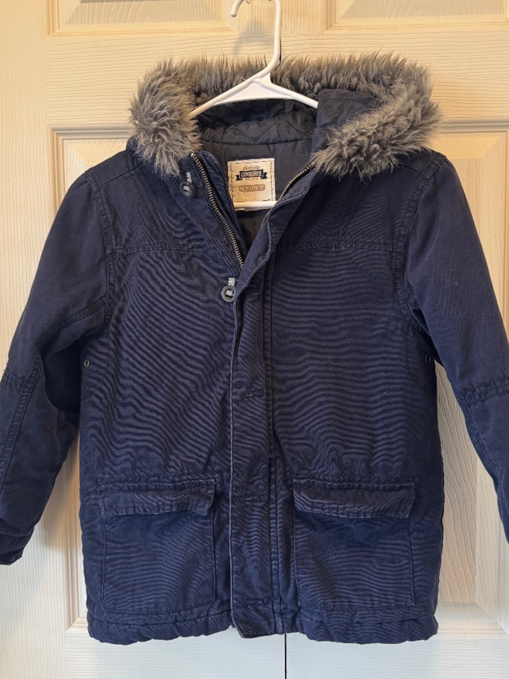 GYMBOREE Boy's Size M 7-8 Navy Blue Winter Coat Faux Fur Hood missing 1 button